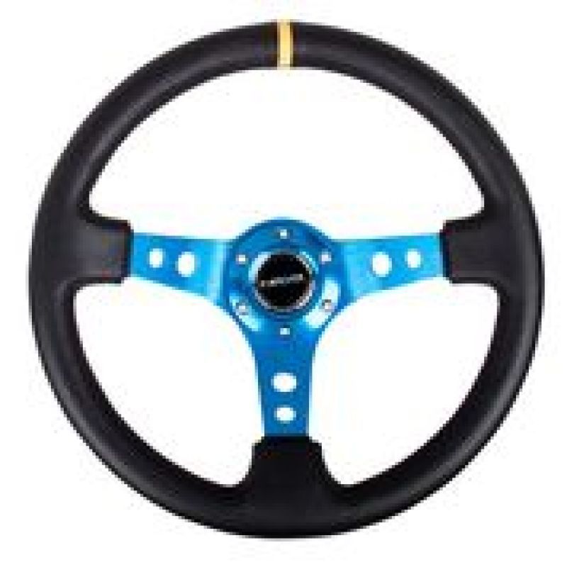 NRG Reinforced Steering Wheel (350mm / 3in. Deep) Blk Leather w/Blue Cutout Spoke & Single Yellow CM-tuningsupply.com