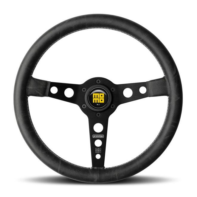 Momo Prototip Heritage Steering Wheel 350 mm - Black Leather/White Stitch/Black Spokes-tuningsupply.com