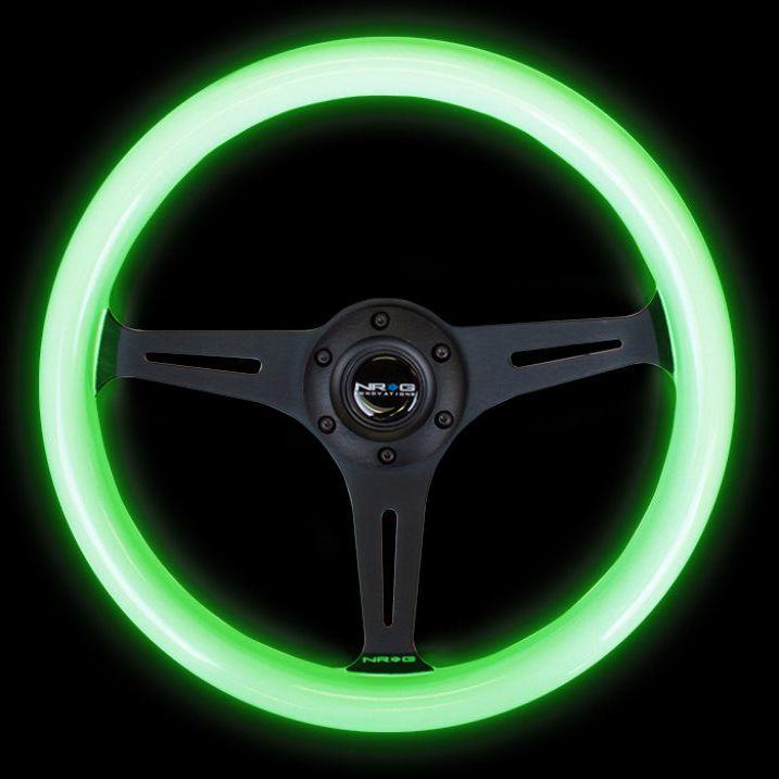 NRG Classic Wood Grain Steering Wheel (350mm) Glow-N-The-Dark Green Grip w/Black 3-Spoke Center-tuningsupply.com