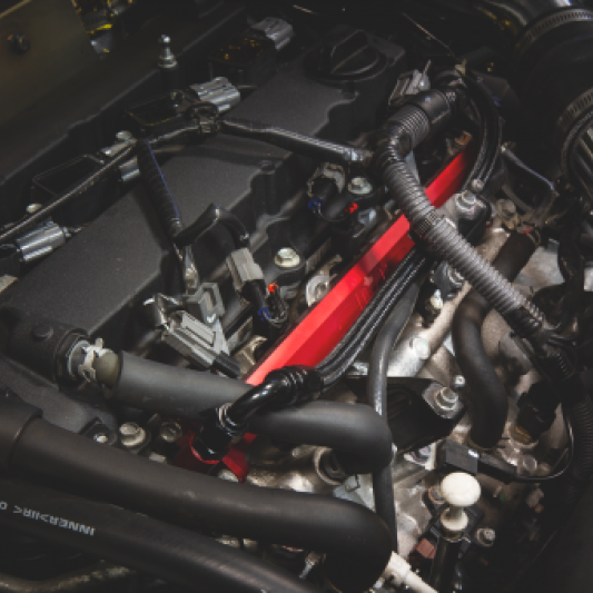 AMS Performance 08-15 Mitsubishi EVO X CNC Machined Aluminum Fuel Rail w/Pulsation Dampener - Red-tuningsupply.com