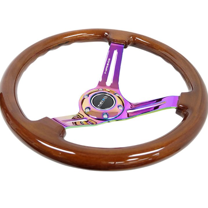 NRG Reinforced Steering Wheel (350mm / 3in. Deep) Brown Wood w/Blk Matte Spoke/Neochrome Center Mark-tuningsupply.com