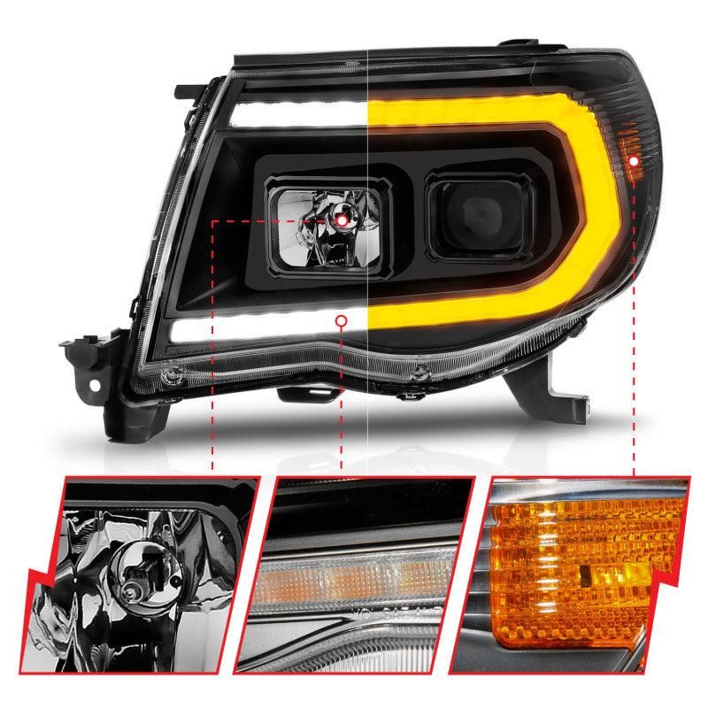 ANZO 05-11 Toyota Tacoma Projector Headlights w/Light Bar Switchback Black Housing-tuningsupply.com