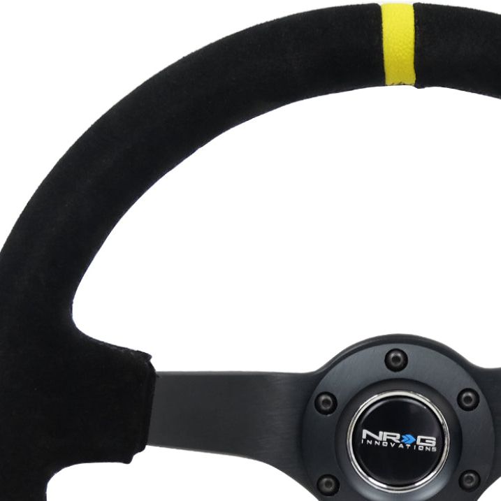 NRG Reinforced Steering Wheel (350mm / 3in. Deep) Blk Suede/X-Stitch w/5mm Blk Spoke & Yellow CM-tuningsupply.com