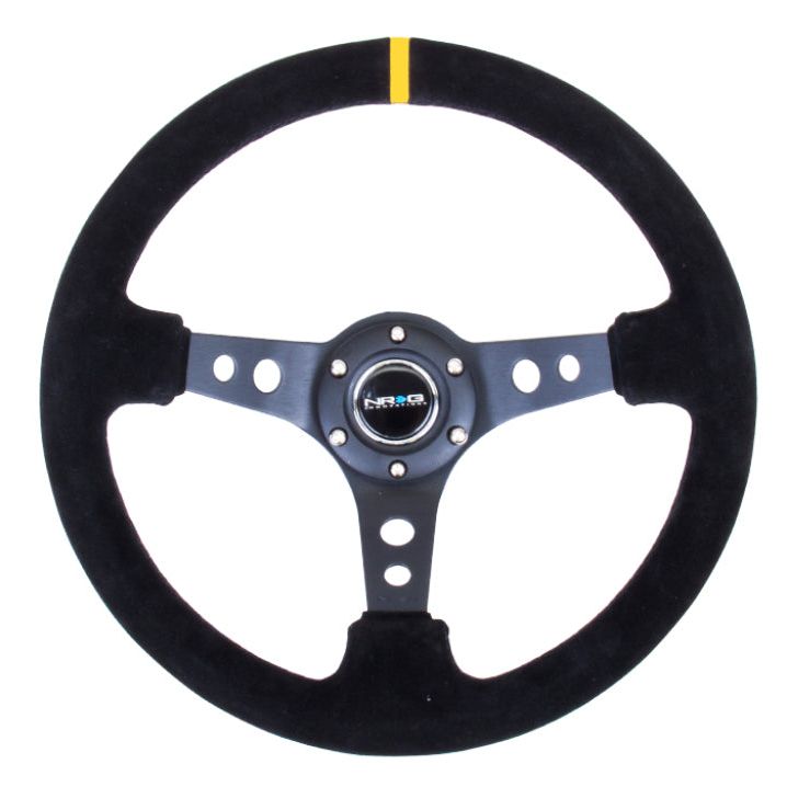 NRG Reinforced Steering Wheel (350mm / 3in. Deep) Blk Suede w/Circle Cut Spokes & Single Yellow CM-tuningsupply.com