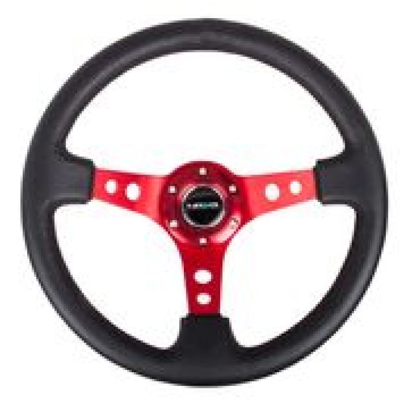 NRG Reinforced Steering Wheel (350mm / 3in. Deep) Blk Leather w/Red Circle Cutout Spokes-tuningsupply.com