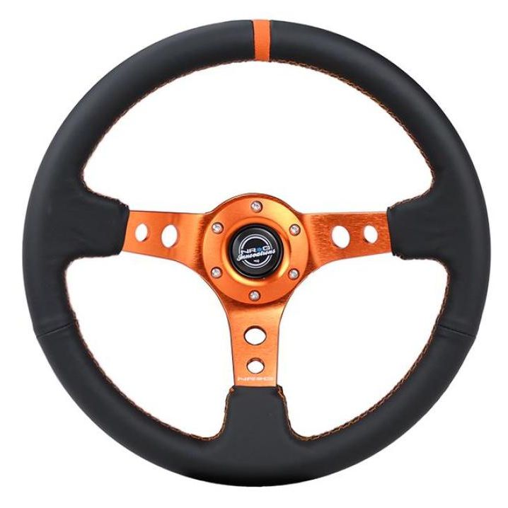 NRG Reinforce Steering Wheel (350mm / 3in. Deep) Blk Leather, Orange Center Mark w/ Orange Stitching - SMINKpower Performance Parts NRGRST-006OR NRG