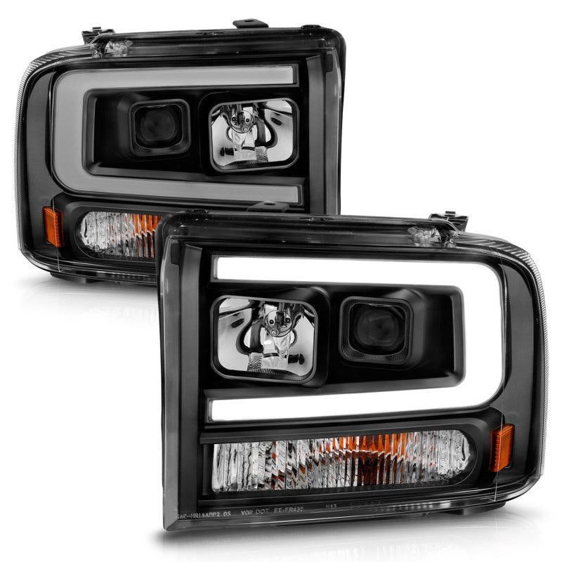 ANZO 99-04 Ford F250/F350/F450/Excursion (excl 99) Projector Headlights - w/ Light Bar Black Housing-tuningsupply.com