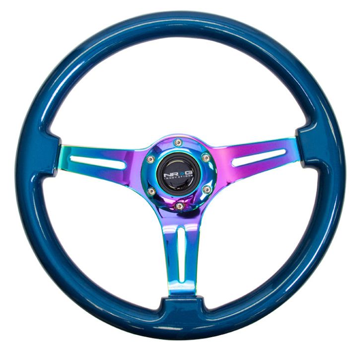 NRG Classic Wood Grain Steering Wheel (350mm) Blue Pearl/Flake Paint w/Neochrome 3-Spoke Center-tuningsupply.com