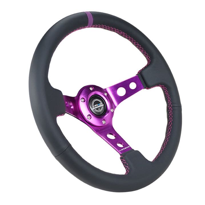 NRG Reinforced Steering Wheel (350mm / 3in. Deep) Black Leather w/Purple Center & Purple Stitching-tuningsupply.com