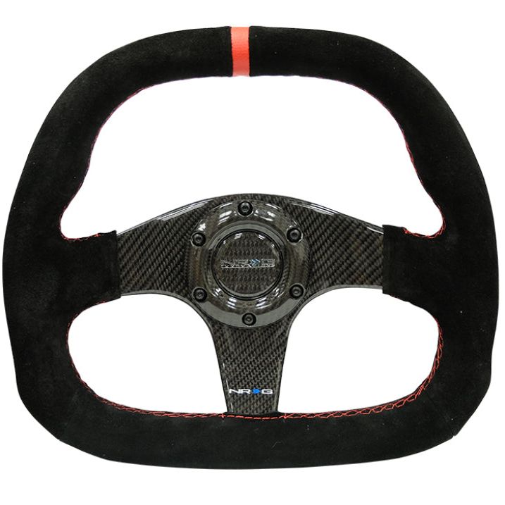 NRG Carbon Fiber Steering Wheel (320mm) Flat Btm. Blk Suede/Red Stitch w/CF Spokes & Red Center Mark-tuningsupply.com