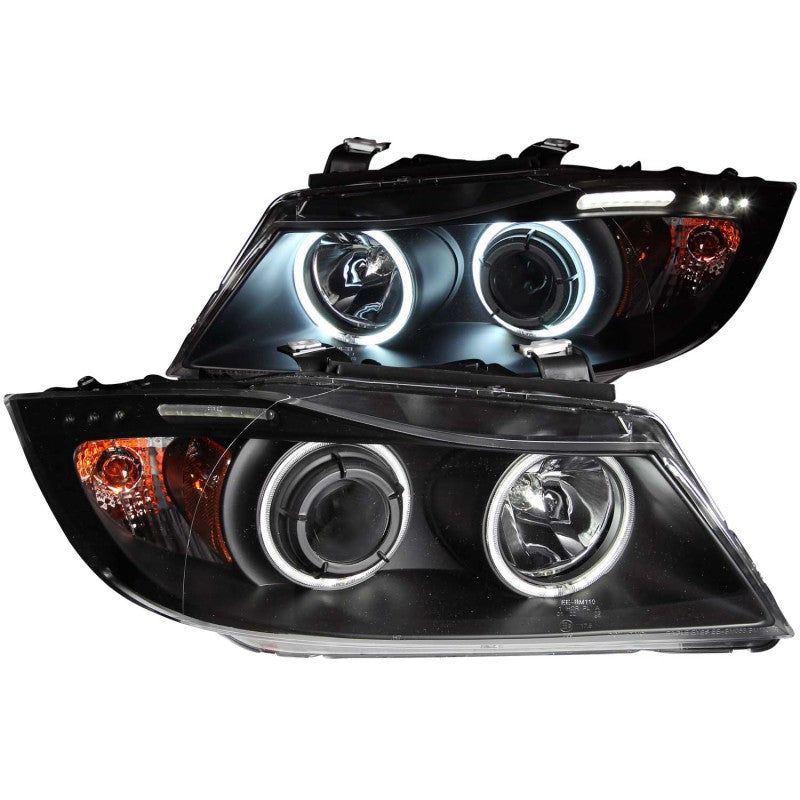 ANZO 2006-2008 BMW 3 Series E90-E91 Projector Headlights w/ Halo w/ LED Bar Black (CCFL)-tuningsupply.com