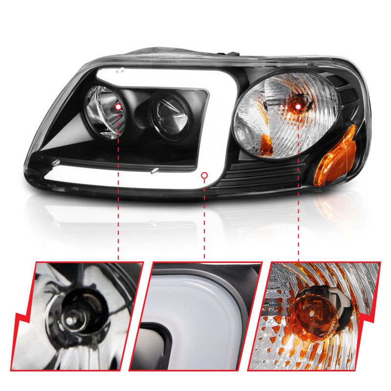 ANZO 1997-2003 Ford F-150 Projector Headlights w/ Light Bar Black Housing-tuningsupply.com