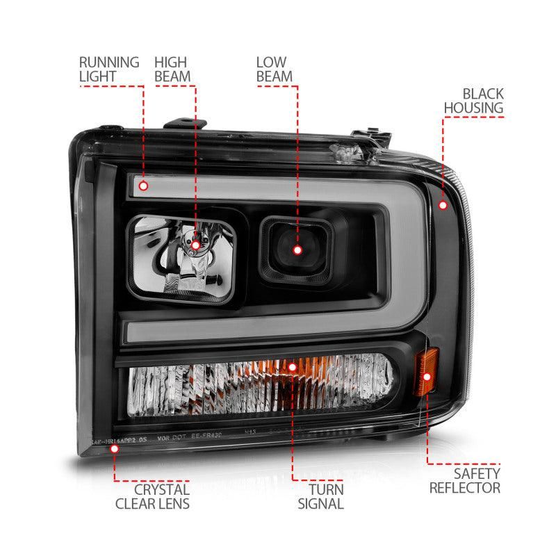 ANZO 99-04 Ford F250/F350/F450/Excursion (excl 99) Projector Headlights - w/ Light Bar Black Housing-tuningsupply.com