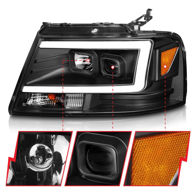 ANZO 2004-2008 Ford  F-150 Projector Headlights w/ Light Bar Black Housing-tuningsupply.com