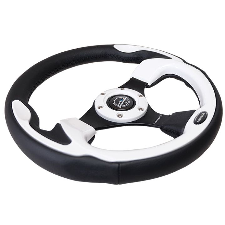 NRG Reinforced Steering Wheel (320mm) Blk w/White Trim & 4mm 3-Spoke-tuningsupply.com