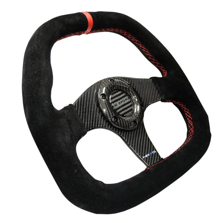 NRG Carbon Fiber Steering Wheel (320mm) Flat Btm. Blk Suede/Red Stitch w/CF Spokes & Red Center Mark - SMINKpower Performance Parts NRGST-019CF NRG