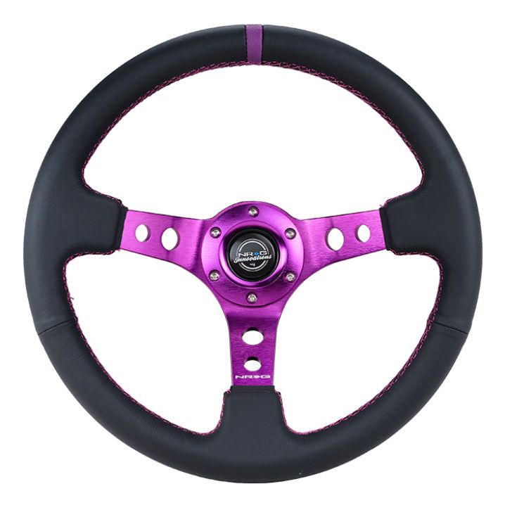 NRG Reinforced Steering Wheel (350mm / 3in. Deep) Black Leather w/Purple Center & Purple Stitching-tuningsupply.com