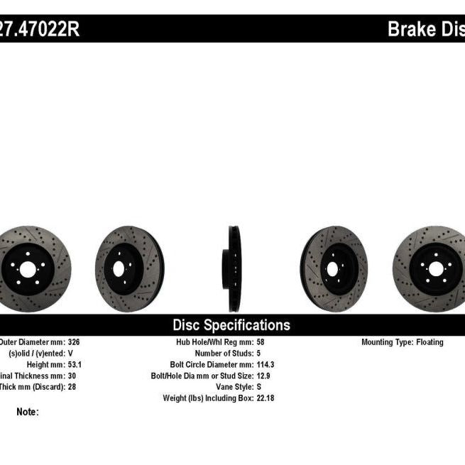 StopTech 05-10 Subaru Impreza WRX/STi Slotted & Drilled Right Front Rotor-Brake Rotors - Slot & Drilled-Stoptech-STO127.47022R-SMINKpower Performance Parts