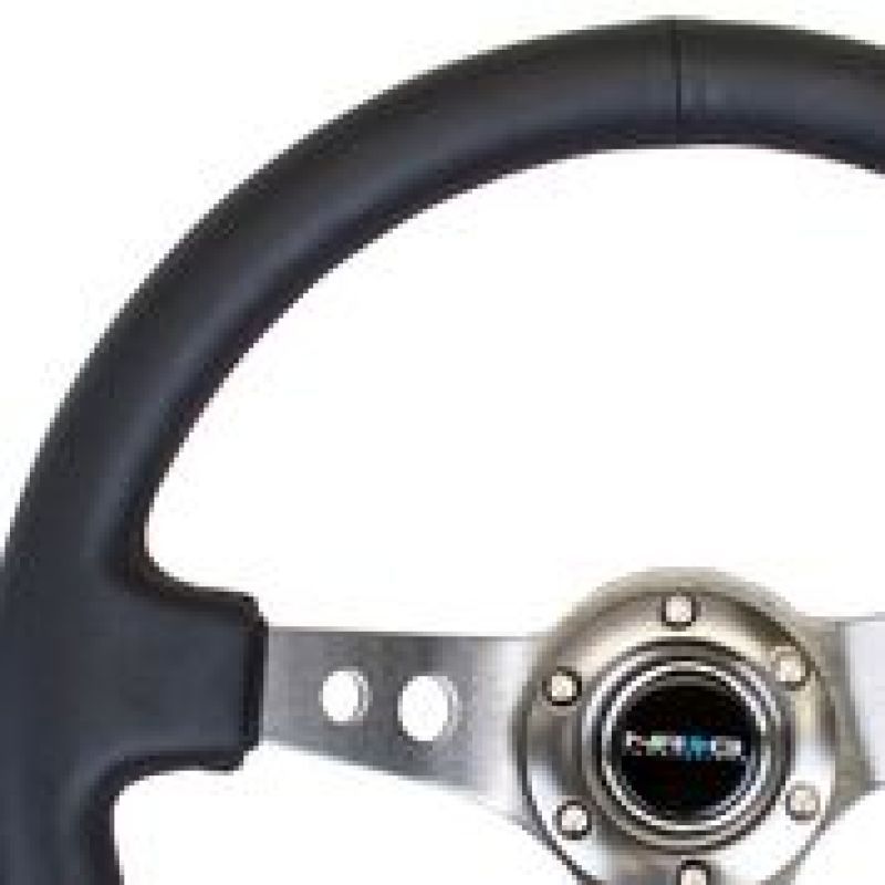 NRG Reinforced Steering Wheel (350mm / 3in. Deep) Blk Leather w/Gunmetal Circle Cutout Spokes-tuningsupply.com