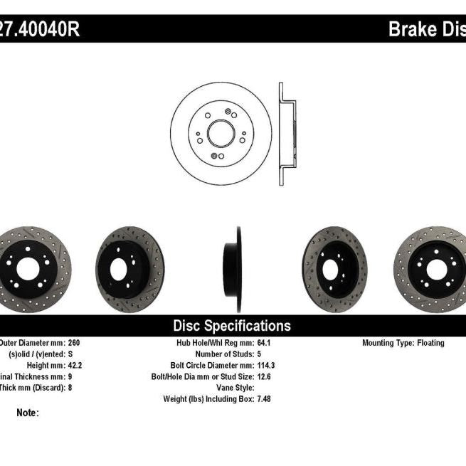 StopTech 06-09 Honda Civic Ex/Si Slotted & Drilled Right Rear Rotor-Brake Rotors - Slot & Drilled-Stoptech-STO127.40040R-SMINKpower Performance Parts