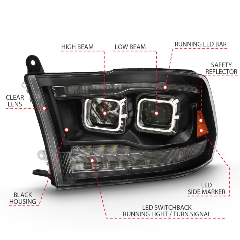 ANZO 2009-2018 Dodge Ram 1500 Projector H.L. Switchback Black Amber-tuningsupply.com