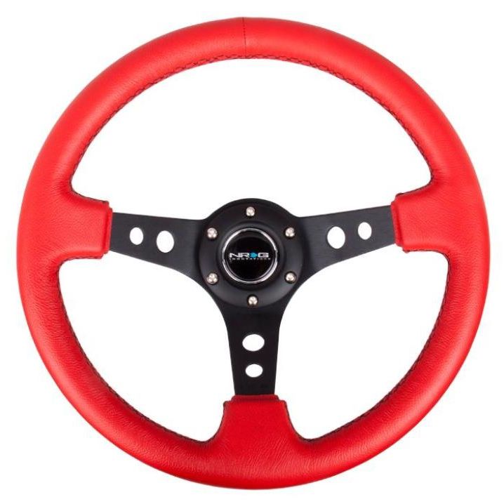 NRG Reinforced Steering Wheel (350mm / 3in. Deep) Red Leather/Blk Stitch w/Blk Spokes (Hole Cutouts)-tuningsupply.com