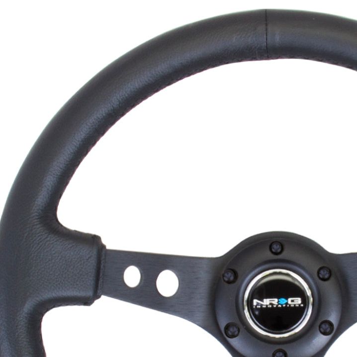 NRG Reinforced Steering Wheel (350mm / 3in. Deep) Blk Leather w/Blk Spoke & Circle Cutouts-tuningsupply.com