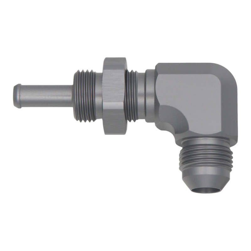 DeatschWerks 8AN Male Flare To 5/16in. Male Barb Bulkhead Adapter 90-Degree (Incl. Nut)-tuningsupply.com