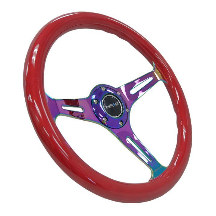 NRG Classic Wood Grain Steering Wheel (350mm) Red Grip w/Neochrome 3-Spoke Center-Steering Wheels-NRG-NRGST-015MC-RD-SMINKpower Performance Parts