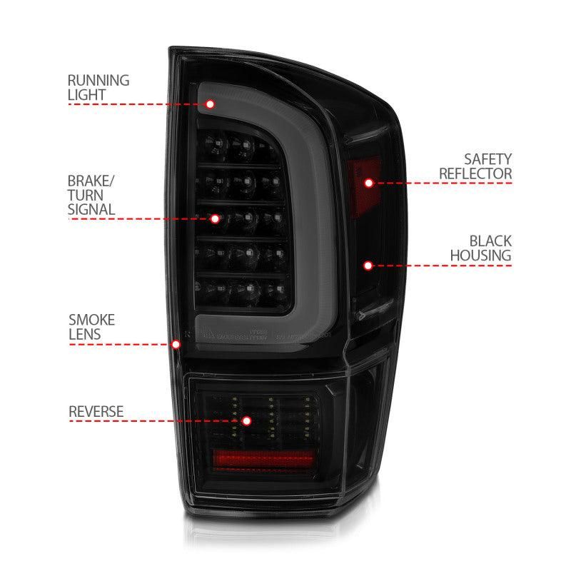 ANZO 16-21 Toyota Tacoma LED Tail Lights - w/ Light Bar Sequential Black Housing & Smoke Lens-tuningsupply.com