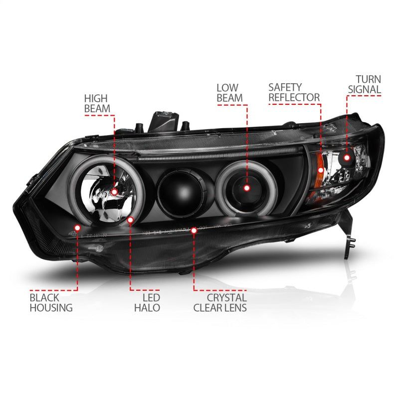 ANZO 2006-2011 Honda Civic Projector Headlights w/ Halo Black (CCFL)-tuningsupply.com