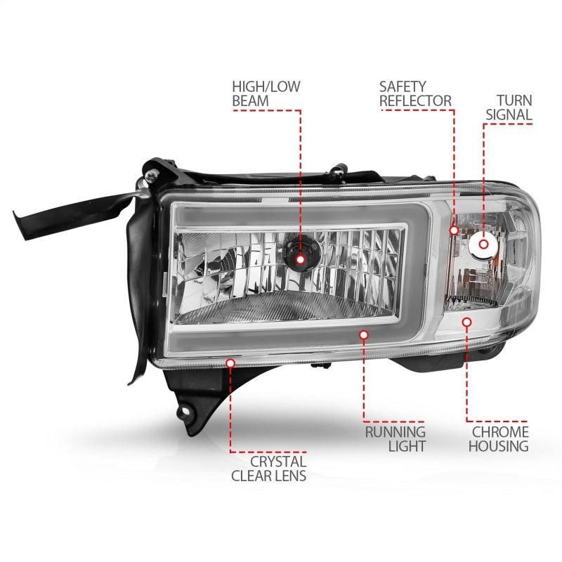 ANZO 94-02 Dodge RAM Crystal Headlight - w/ Light Bar Chrome Housing-tuningsupply.com