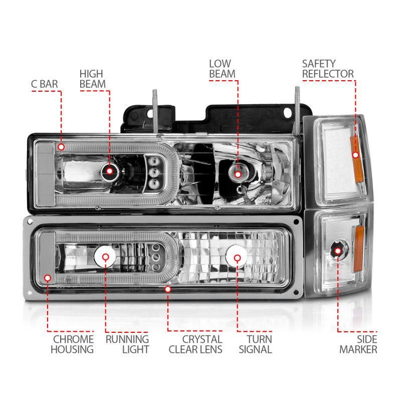 ANZO 88-98 Chevrolet C1500 Crystal Headlights w/Light Bar Chrome Housing w/ Signal Side Markers 8Pcs-tuningsupply.com