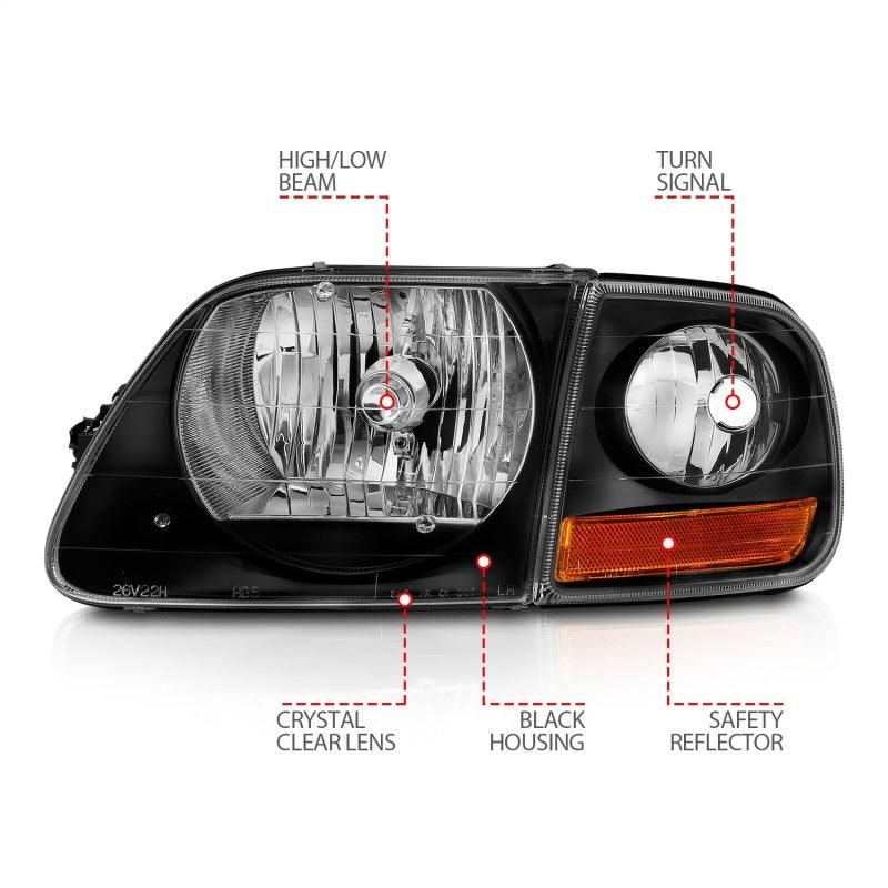 ANZO 1997-2003 Ford F150 Crystal Headlight Black w/ Parking Light-tuningsupply.com