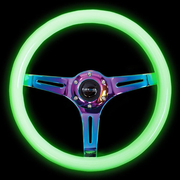 NRG Classic Wood Grain Steering Wheel (350mm) Glow-N-The-Dark Green Grip w/Neochrome 3-Spoke Center - SMINKpower Performance Parts NRGST-015MC-GL NRG