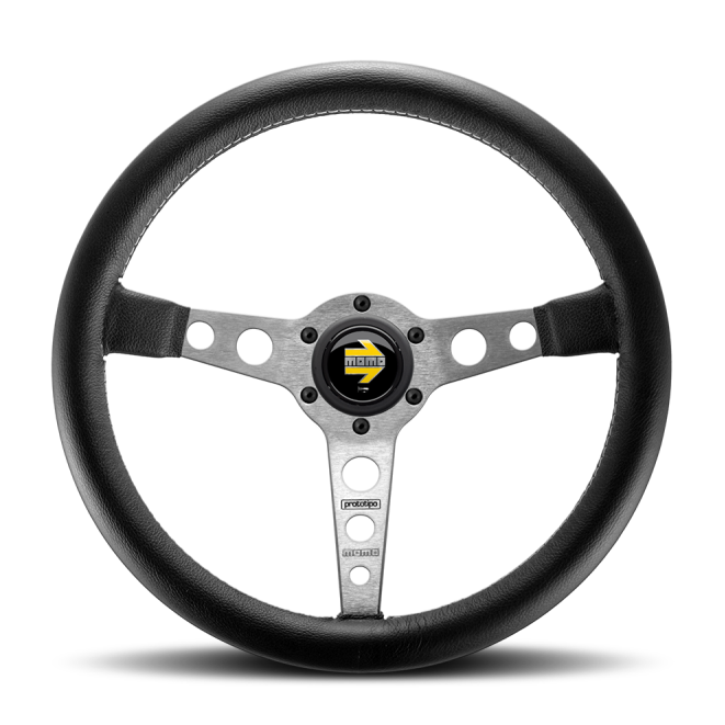 Momo Prototipo Steering Wheel 350 mm - Black Leather/Wht Stitch/Brshd Spokes-tuningsupply.com