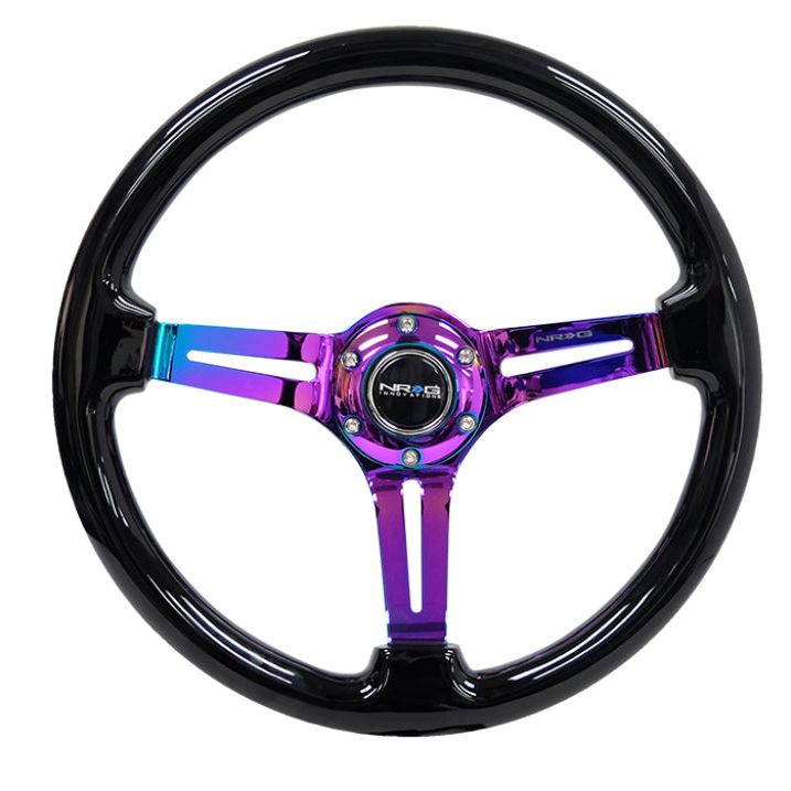 NRG Reinforced Steering Wheel (350mm / 3in. Deep) Blk Wood w/Blk Matte Spoke/Neochrome Center Mark-tuningsupply.com