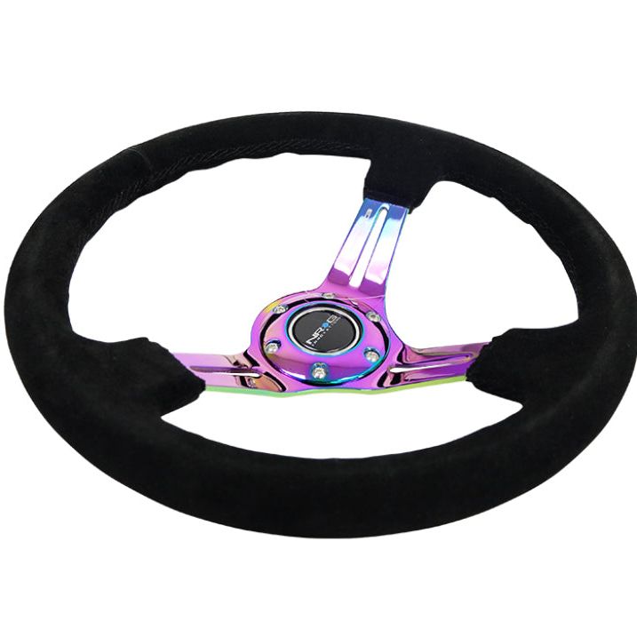 NRG Reinforced Steering Wheel (350mm / 3in. Deep) Blk Suede/Blk Stitch w/Neochrome Slits-tuningsupply.com