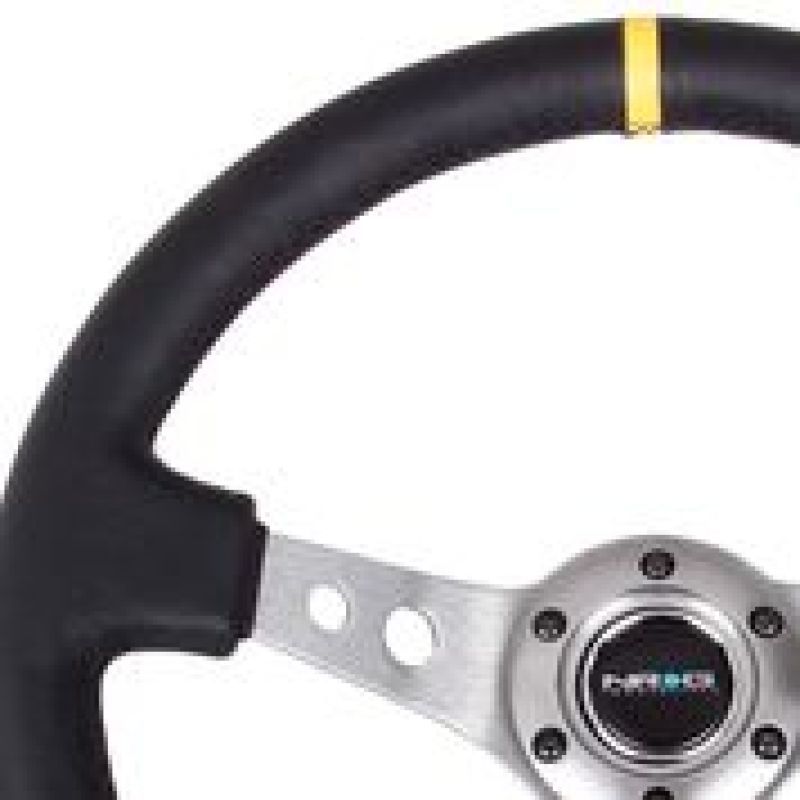 NRG Reinforced Steering Wheel (350mm / 3in. Deep) Blk Leather w/Gunmetal Cutout Spoke & Yellow CM-Steering Wheels-NRG-NRGRST-006GM-Y-SMINKpower Performance Parts