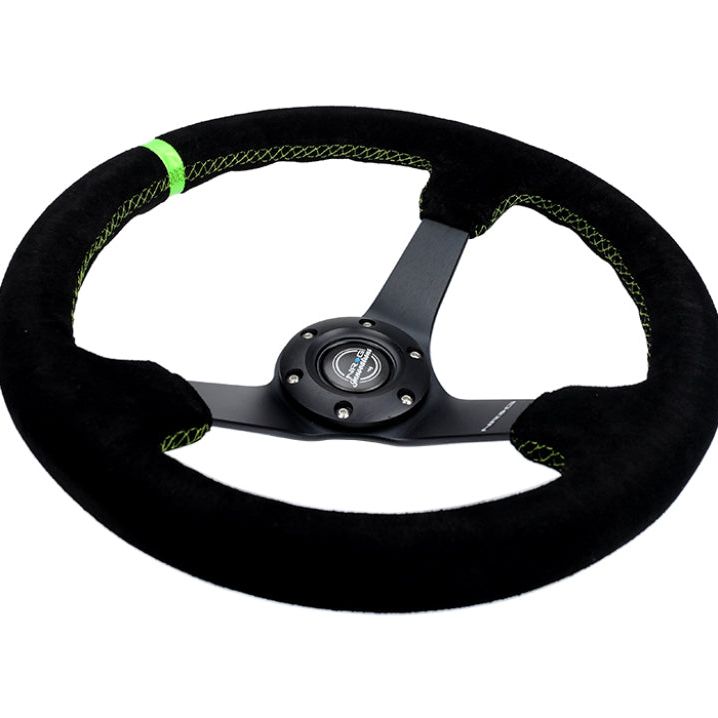 NRG Reinforced Steering Wheel 350mm/3in. Deep Blk Suede/ Neon Green Stitch w/5mm Matte Black Spoke-tuningsupply.com