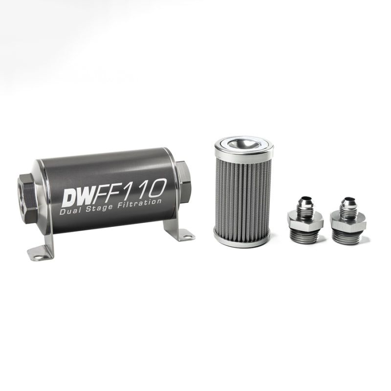 DeatschWerks Stainless Steel 6AN 100 Micron Universal Inline Fuel Filter Housing Kit (110mm)-tuningsupply.com