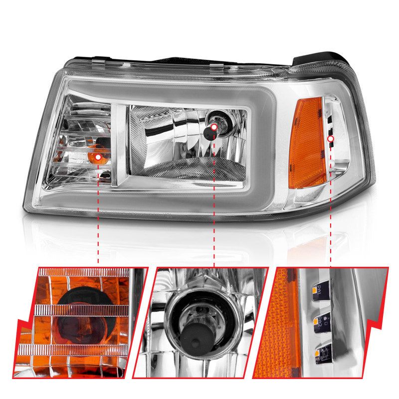 ANZO 2001-2011 Ford Ranger Crystal Headlights w/ Light Bar Chrome Housing-tuningsupply.com