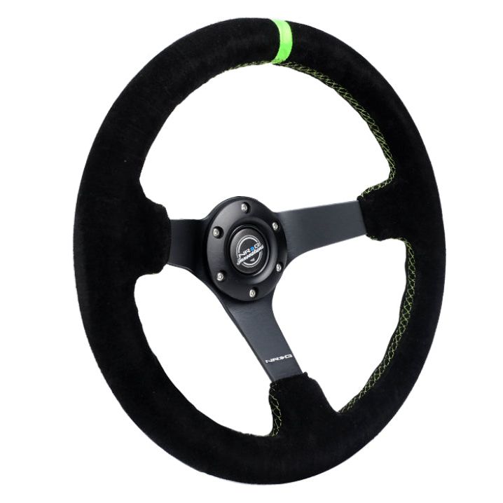 NRG Reinforced Steering Wheel 350mm/3in. Deep Blk Suede/ Neon Green Stitch w/5mm Matte Black Spoke-Steering Wheels-NRG-NRGRST-036MB-S-GN-SMINKpower Performance Parts