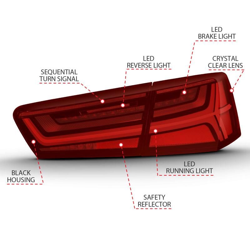 ANZO 2012-2018 Audi A6 LED Taillight Black Housing Red/Clear Lens 4 pcs (Sequential Signal)-tuningsupply.com