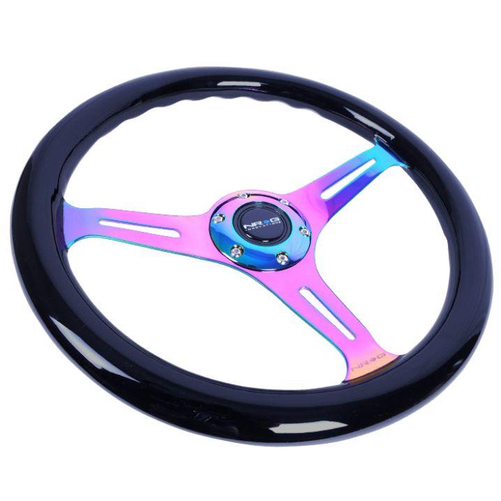 NRG Classic Wood Grain Steering Wheel (350mm) Black Paint Grip w/Neochrome 3-Spoke Center-tuningsupply.com