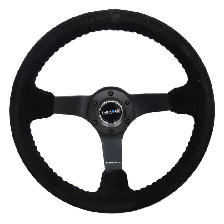 NRG Reinforced Steering Wheel (350mm / 3in. Deep) Blk Suede/Blk Bball Stitch w/5mm Matte Black Spoke - SMINKpower Performance Parts NRGRST-036MB-S-BK NRG