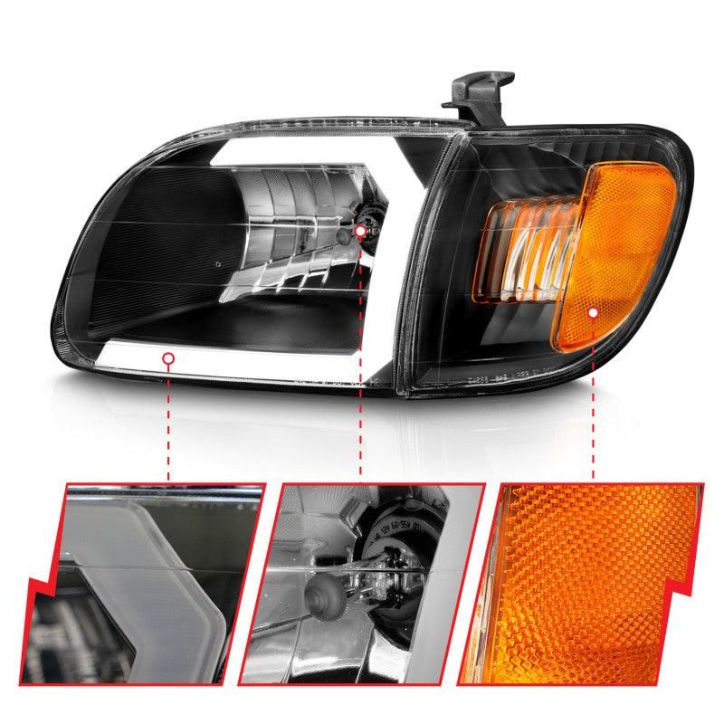 ANZO 00-04 Toyota Tundra (Fits Reg/Acc Cab Only) Crystal Headlights w/Light Bar Black w/Corner Light-tuningsupply.com