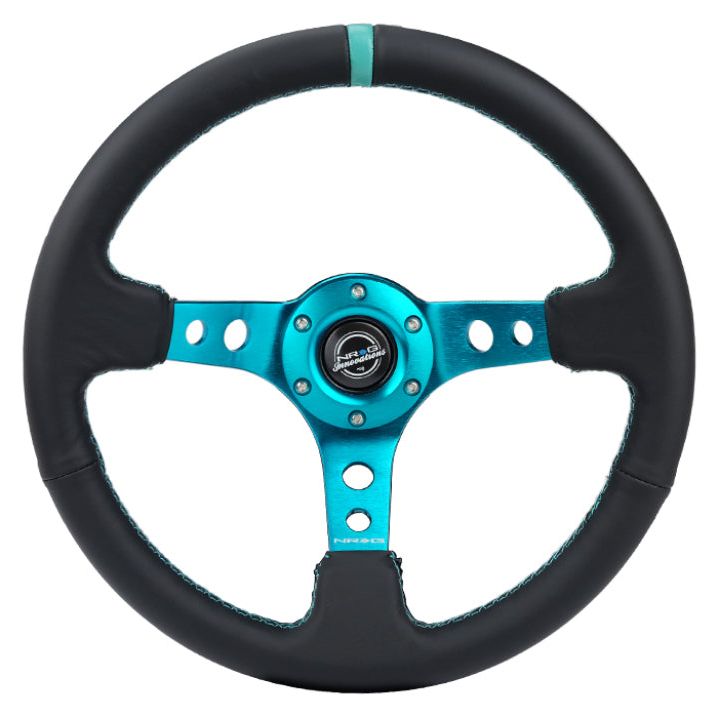 NRG Reinforce Steering Wheel (350mm / 3in. Deep) Blk Leather, Teal Center Mark w/ Teal Stitching-tuningsupply.com