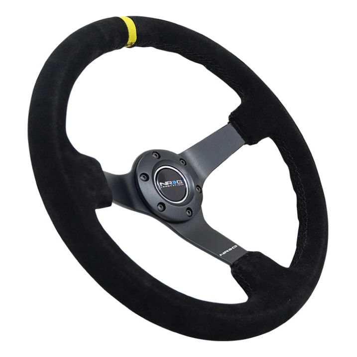 NRG Reinforced Steering Wheel (350mm / 3in. Deep) Blk Suede/X-Stitch w/5mm Blk Spoke & Yellow CM - SMINKpower Performance Parts NRGRST-036MB-S-Y NRG