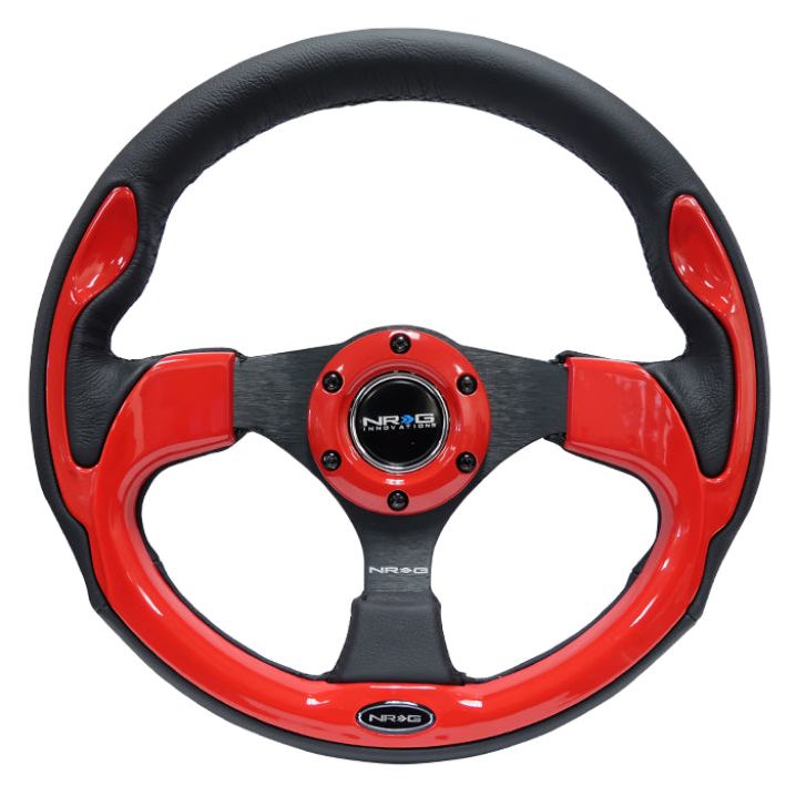 NRG Reinforced Steering Wheel (320mm) Blk w/Red Trim & 5mm 3-Spoke-tuningsupply.com